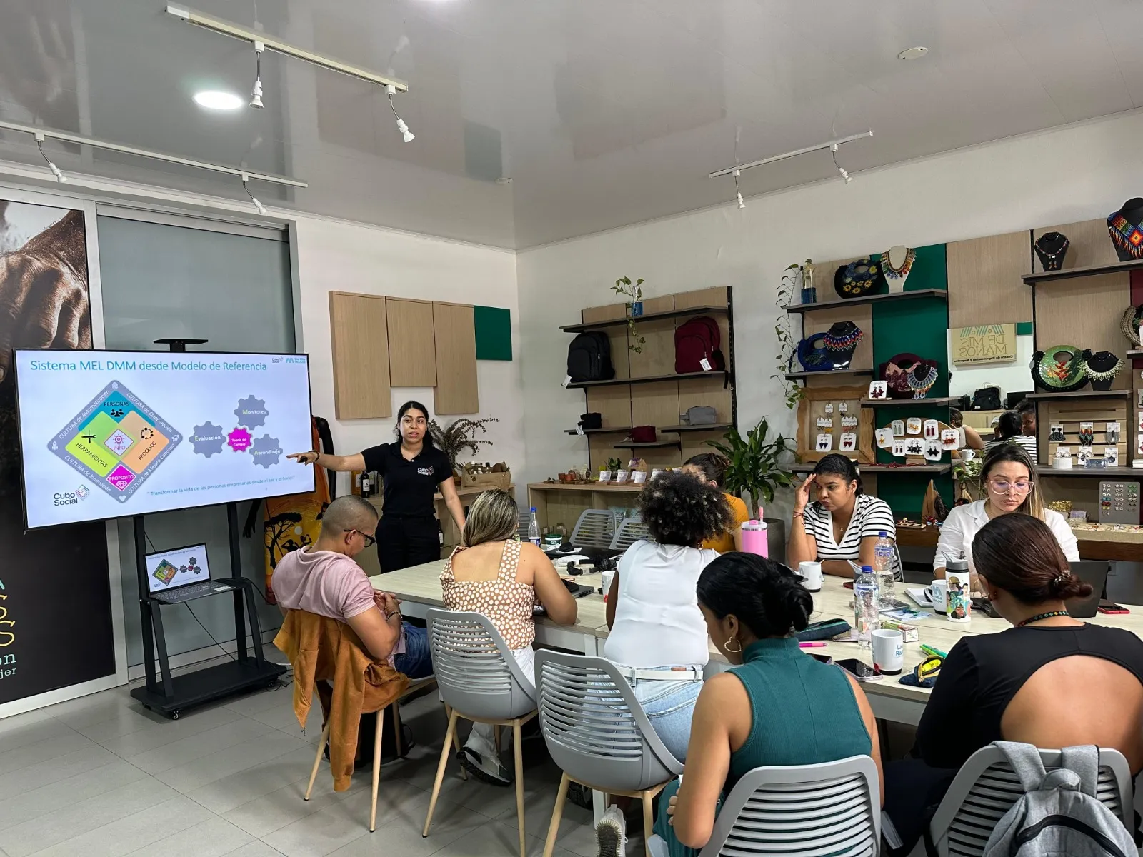 Facilitadora presentando un esquema metodológico ante un grupo sentado alrededor de mesas de trabajo.