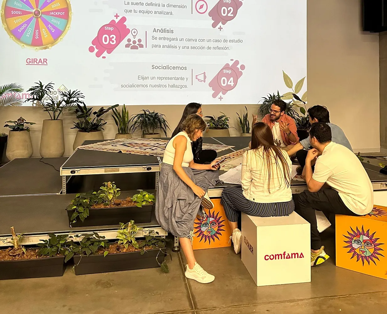 Sesión de trabajo con participantes alrededor de mesas, junto a una presentación proyectada sobre sostenibilidad.